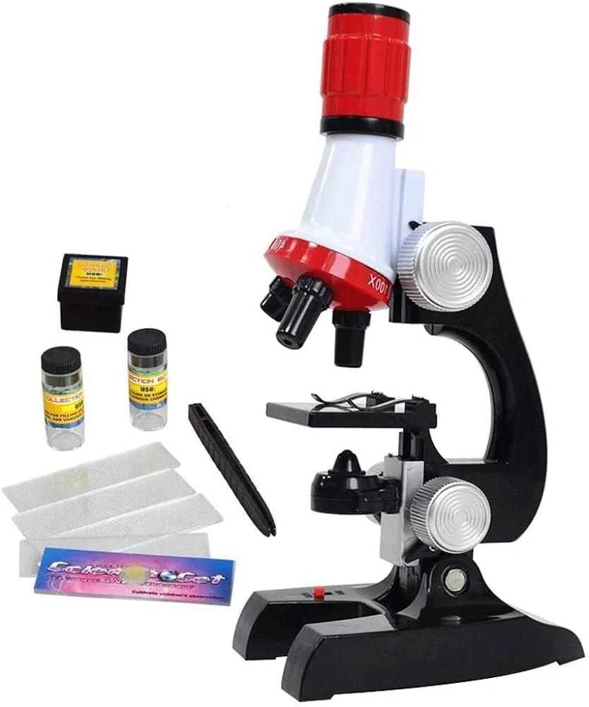 Kids Beginner Science Microscope Kit LED 100X, 400x, and 1200x Magnification - Black & Red Color