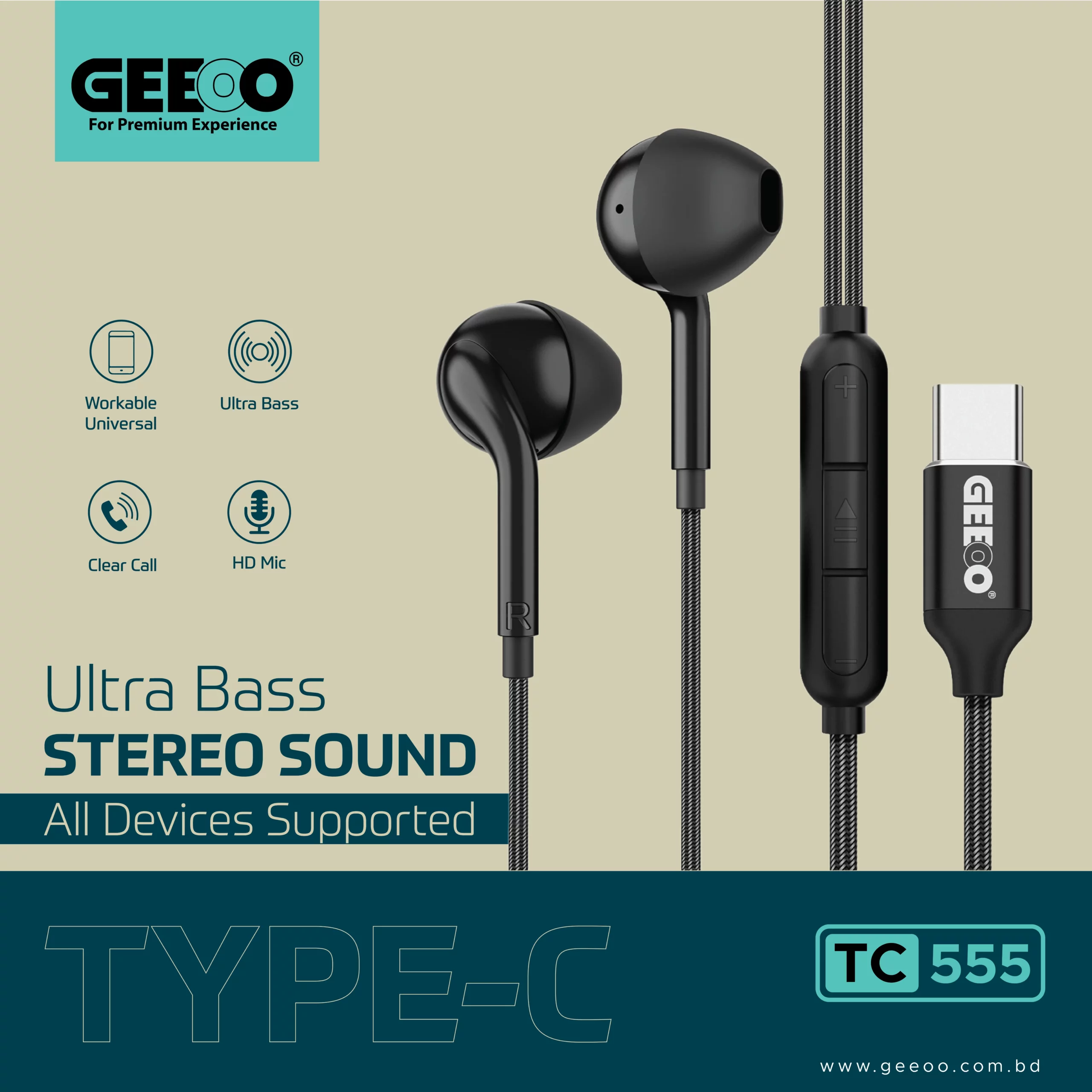 GEEOO TC-555 Type-C Ultra Bass Earphone - Black