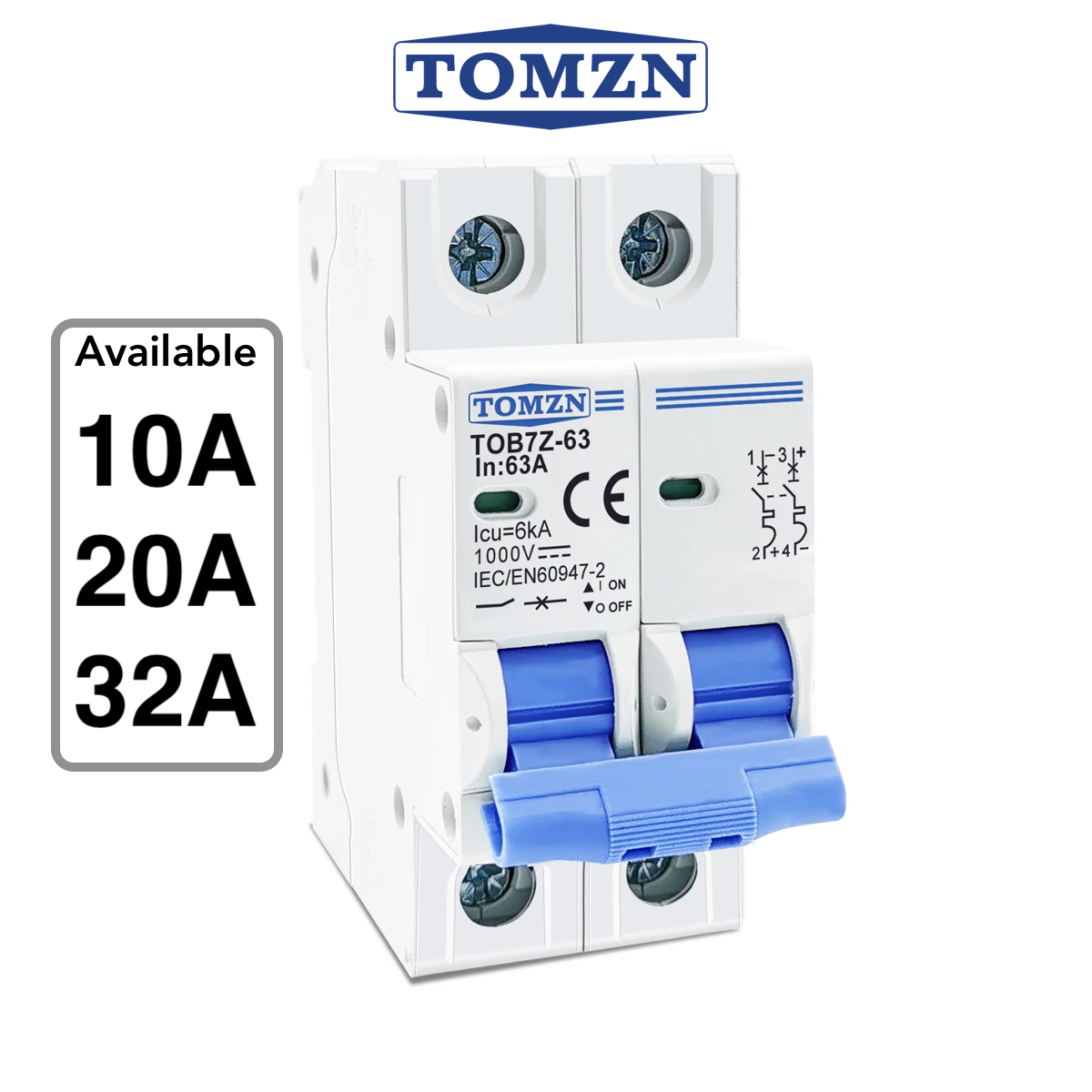 TOMZN TOB7Z-63 2P DC Circuit Breaker – 10A, 20A, 32A Solar PV MCB, 12V–1000V Wide Range DC MCB for PV System