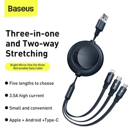 Baseus Bright Mirror 2 Series Retractable 3-in-1 Fast Charging Data Cable USB to M+L+C