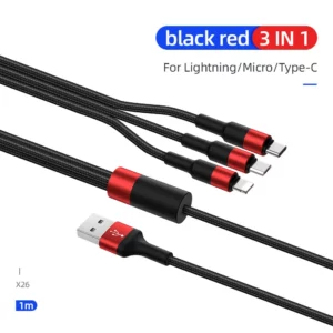 X26 Xpress 3 in 1 charging cable (Lightning+Micro+Type-C) – Black & Red