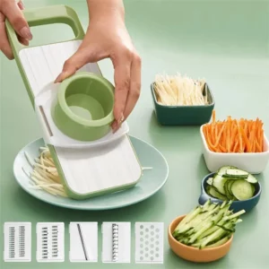 1. The surface of our vegetable and fruit slicer is made of food-grade stainless steel, non-toxic and odorless, and the back is made of ABS material, which is waterproof and moisture-proof, anti-falling, and can be used for a long time. 2. Contains 6 different blades, simple and convenient installation, easy to clean. It can be changed according to your needs, making it easy for you to become a master chef. 3. The unique hand guard can protect your hands well, and can also avoid wasting ingredients, even small ingredients can be sliced.
